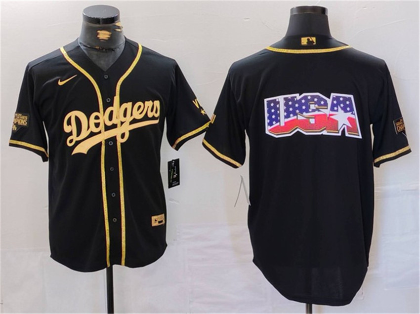 Men's Black Gold Los Angeles Dodgers Team Big Logo Cool Base With Patch Stitched Baseball Jersey